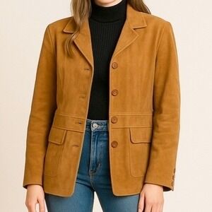 Vtg Terry Lewis Women's Medium Genuine Leather Blazer Jacket Tan Brown Classic